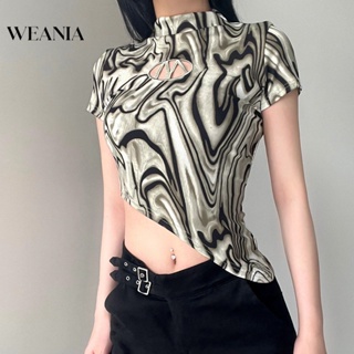 Weania เสื้อยืด คอสูง แขนสั้น สีตัดกัน สําหรับผู้หญิง