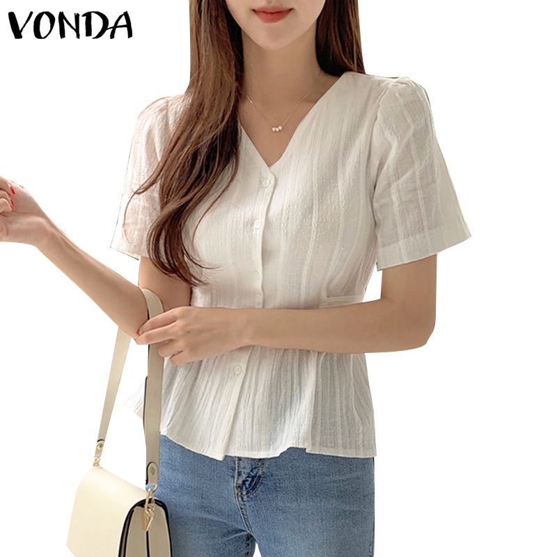 Vonda เสื้อเชิ้ต คอวี แขนสั้น ลําลอง สไตล์เกาหลี สําหรับผู้หญิง