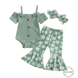 Babyclothes- ชุดรอมเปอร์ เปิดไหล่ พิมพ์ลายดอกไม้ สีรุ้ง และกางเกง ที่คาดผม สําหรับเด็กทารกผู้หญิง 3 ชิ้น