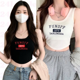 shop24📱สต็อกไทย เสื้อกล้ามครอป อกปักลาย FUNOFF 4 สี มีฟองน้ำในตัว