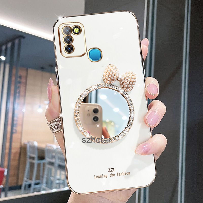 เคส Infinix Smart 5 Hot 10 Lite X657 X657B X657C หรูหรา มุก โบว์ กระจกแต่งหน้า ชุบ ซิลิโคน เคสโทรศัพ