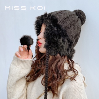 Misskoi [พร้อมส่ง] หมวกผ้าขนสัตว์ถัก แต่งหูกระต่ายน่ารัก ให้ความอบอุ่น แฟชั่นฤดูใบไม้ร่วง และฤดูหนาว สไตล์เกาหลี สําหรับผู้หญิง