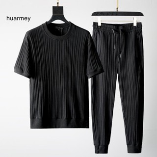 Huarmey ชุดสูทคอกลม แต่งจับจีบ ยืดหยุ่น สีพื้น แฟชั่นฤดูร้อน สําหรับผู้ชาย สํานักงาน 1 ชุด