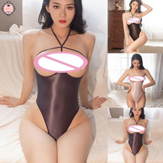 Women Sheer Glossy Cupless Bodysuit High Cut G-string Leotard Lingerie Nightwear