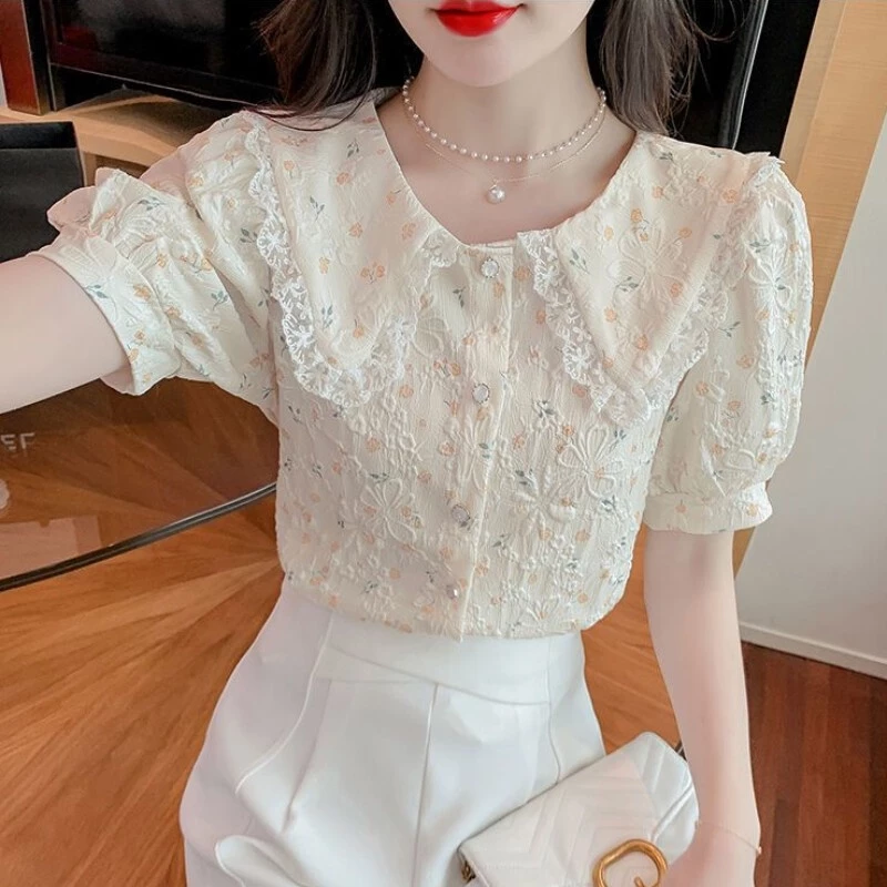 เสื้อลายดอกไม้สไตล์เกาหลีแขนสั้นผ้าชีฟอง thumbnail 6