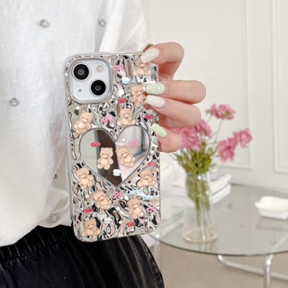 เคสโทรศัพท์มือถือชุบไฟฟ้า ลายหัวใจ พร้อมกระจก สีเงิน สําหรับ iPhone 14Pro 11 12 12Pro 12promax 13promax 13 13Pro 14 14promax 14