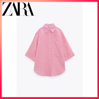 Zara ใหม่ เสื้อเชิ้ต ผ้าลินิน มีกระเป๋า สําหรับผู้หญิง