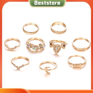 Beststore|  แหวนนิ้วมือ รูปมงกุฎดวงจันทร์ ประดับพลอยเทียม สไตล์โบฮีเมียน เครื่องประดับ สําหรับผู้หญิง 9 ชิ้น ต่อชุด