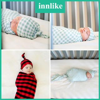 Inn หมวกบีนนี่ ผ้าห่มมัสลิน ลายตาราง สําหรับเด็กทารก