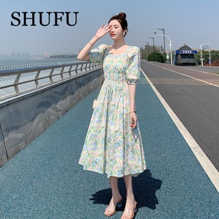 Shufu 5103 พร้อมส่ง ชุดเดรสแขนสั้น คอสี่เหลี่ยม ผ้าฝ้าย ลายดอกไม้ พลัสไซซ์ สไตล์เกาหลี สําหรับผู้หญิง