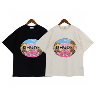 Rhude เสื้อยืดแขนสั้น ผ้าฝ้าย พิมพ์ลายการ์ตูน แฟชั่นฤดูใบไม้ผลิ ฤดูร้อน สไตล์อเมริกัน สําหรับคู่รัก