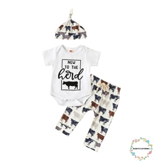 Babyclothes- ชุดรอมเปอร์ แขนสั้น พิมพ์ลายตัวอักษร วัว และกางเกง และหมวกผูกปม แฟชั่นฤดูร้อน สําหรับเด็กทารก 3 ชิ้น