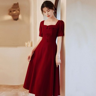 ชุดเดรสเจ้าสาว คอสี่เหลี่ยม สีไวน์แดง พลัสไซซ์ แบบเป็นทางการ สําหรับผู้หญิง
