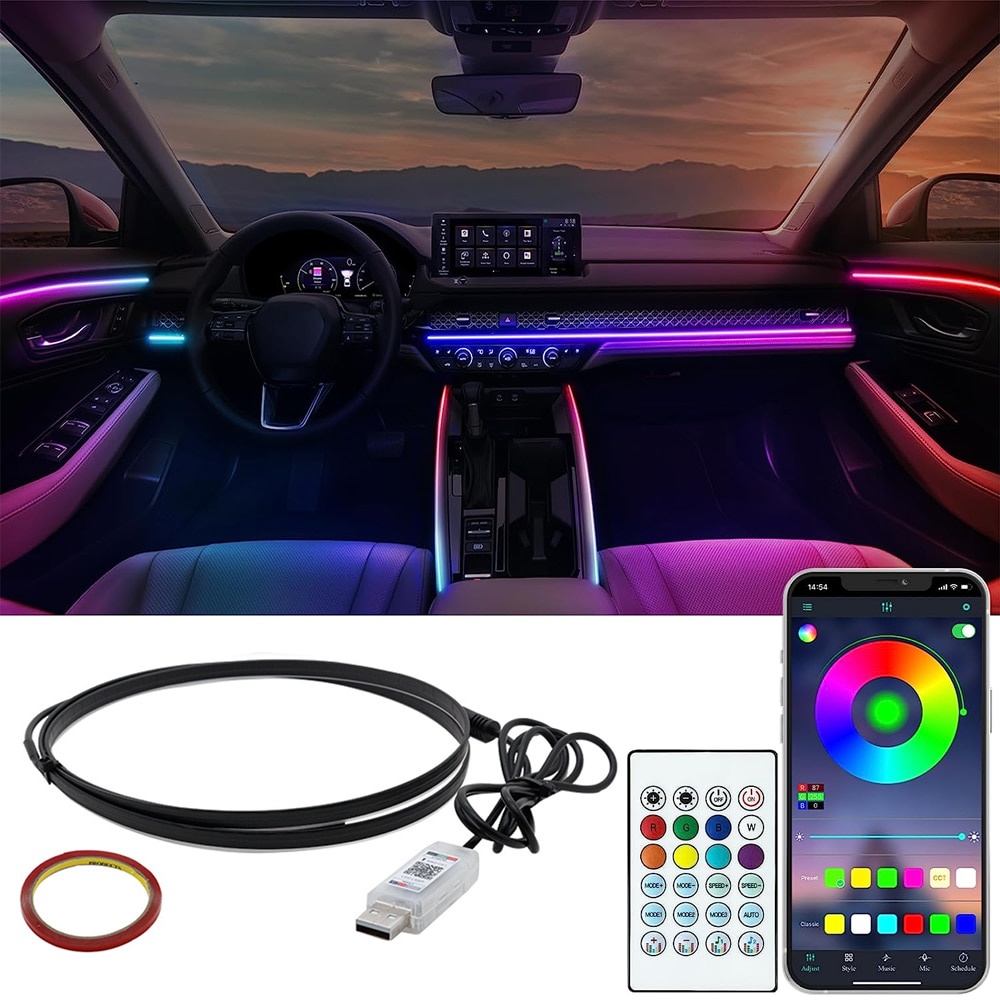 สายไฟ LED RGB 5V อะคริลิคใช้แอป USB และรีโมตคอนโทรล 64 สี สําหรับตกแต่งภายในรถยนต์ แถบไฟ