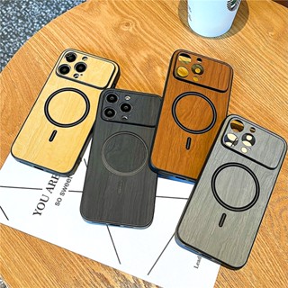 เคสโทรศัพท์มือถือหนัง แบบแม่เหล็ก ป้องกันกล้อง ลายไม้ หรูหรา สําหรับ iPhone 14 Pro Max 14 Plus 13 12 11