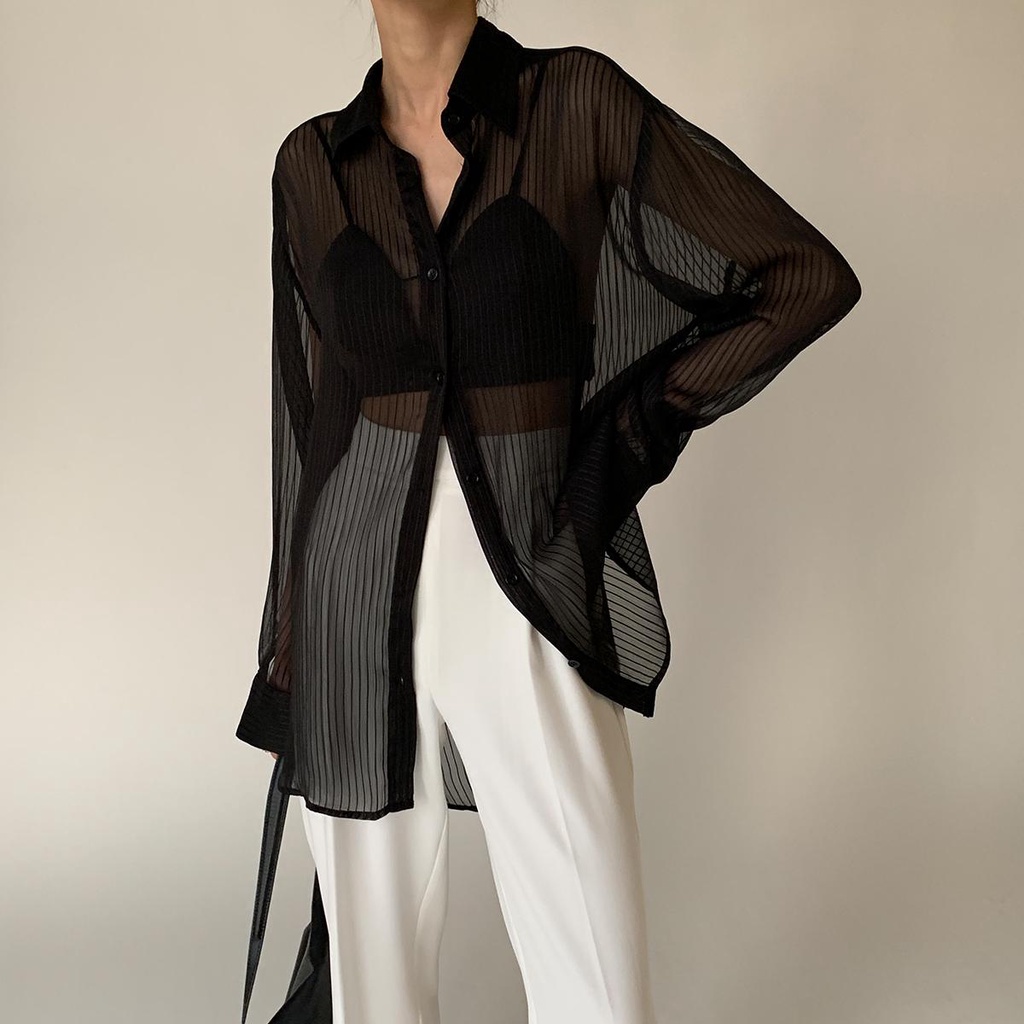 LittleBee.W229 เสื้อเบลาส์ แขนยาว แบบบาง กันแดด แฟชั่นฤดูร้อน สําหรับผู้หญิง ผ้าชีฟองลายทางซีทรู