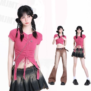 Yimo เสื้อยืดแขนสั้น เอวแคบ ลาย American Hot Girl Wear y2k สําหรับผู้หญิง