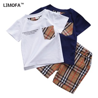 Ljmofa  1-6 ปี 2023ใหม่ ชุดเสื้อแขนสั้นลําลอง ผ้าฝ้ายแท้ ระบายอากาศ ลายสก๊อต พร้อมกระเป๋า สไตล์เกาหลี แฟชั่นฤดูร้อน สําหรับเด็กผู้ชาย