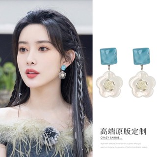 [พร้อมส่ง] Meng Ziyi ต่างหู รูปดอกคามิเลีย สีฟ้า เรียบง่าย สไตล์ฝรั่งเศส สําหรับผู้หญิง