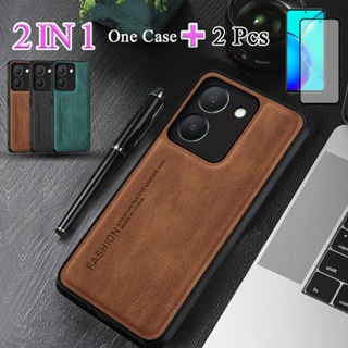 2 IN 1 เคสโทรศัพท์มือถือ หนังแกะ เซรามิก ทรงโค้ง พร้อมฟิล์มกันรอยหน้าจอ สําหรับ VIVO Y36 4G