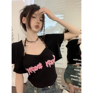 สาวหวาน ร้อน เชือกแขวนคอ สายสปาเก็ตตี้ เสื้อกั๊ก ผู้หญิง ฤดูร้อน สูท ไม่สม่ําเสมอ จับคู่ เซ็กซี่ สั้น เสื้อแจ๊กเก็ต สองชิ้น สูท