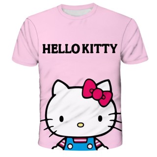 เสื้อยืดแขนสั้นลําลอง พิมพ์ลาย Hello Kitty 3 มิติ สไตล์ฮาราจุกัย สําหรับเด็ก