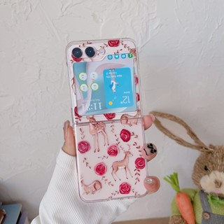 เคสโทรศัพท์แบบแข็ง ฝาพับ ลายกวาง ดอกกุหลาบ เสือดาว สําหรับ Samsung Galaxy Z Flip 5 4 3 2 1 5G Z Flip3 Flip4 Flip5 Flip2 Flip1