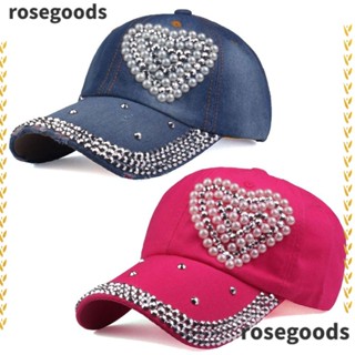 Rosegoods1 หมวกเบสบอล หมวกบังแดด มุก พลอยเทียม วินเทจ กระดุมรูปหัวใจ ปรับได้ ยอดแหลม หมวกผู้หญิง ผู้ชาย