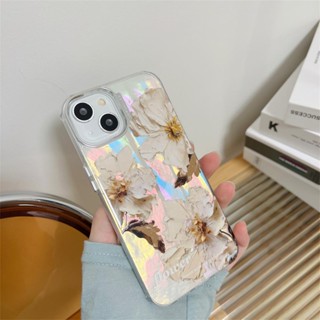 เคสโทรศัพท์มือถือแบบนิ่ม TPU ใส กันกระแทก ลายภาพวาดสีน้ํามัน รูปดอกไม้ สีขาว กลิตเตอร์ สไตล์เรโทร สําหรับ iPhone 11 13 14 12 Pro Max