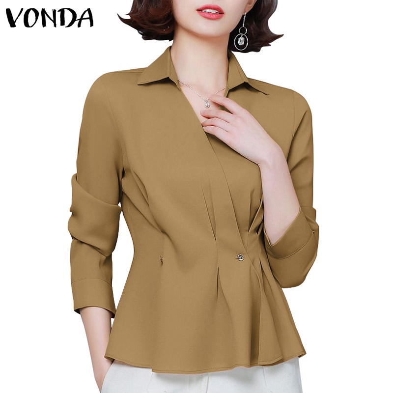 Vonda เสื้อเชิ้ตลําลอง แขนยาว คอปก จับจีบ สไตล์เกาหลี สําหรับผู้หญิง