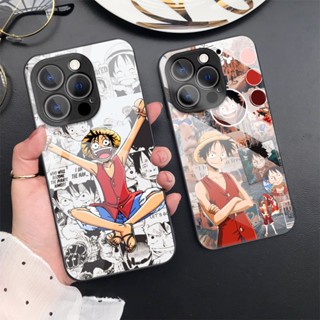 เคสโทรศัพท์มือถือกระจกนิรภัย แบบแข็ง ป้องกันเลนส์ ลายการ์ตูนอนิเมะ One Piece Luffy สําหรับ iPhone 14 Pro Max 13 12 11 X XR XS 7 8 Plus SE 2020