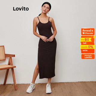 (เซเลปเลือก) Lovito เดรสสีพื้นลำลอง ทรงแยก L20D067 (สีกาแฟ)