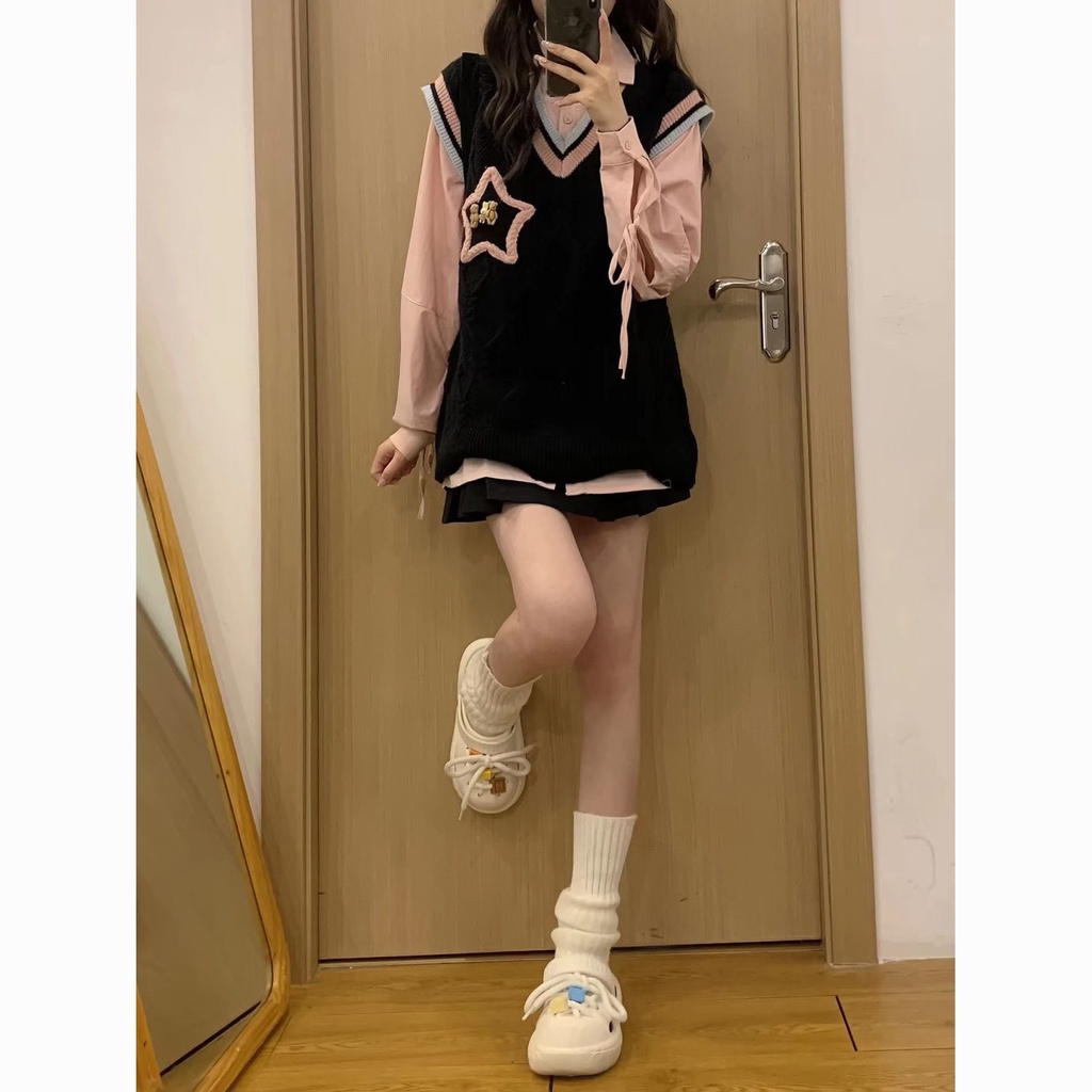 ชุดเซท3ชิ้น เสื้อกั๊กไหมพรม+เสื้อเชิ้ตแขนยาว+กระโปรงเทนนิส ผ้านิ่มมาก ใส่สบาย แฟชั่นสไตล์เกาหลี(ขายแยก)