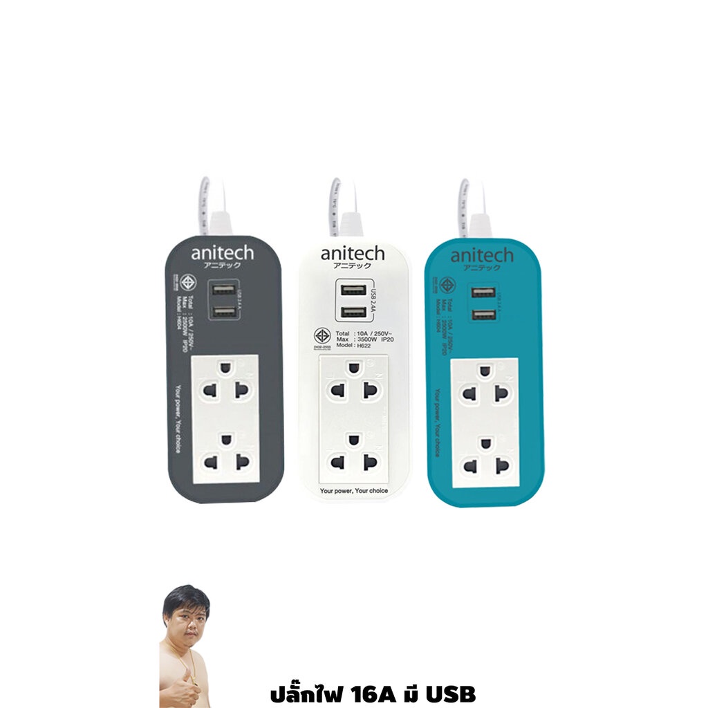 มหาชะนี 🔌 ปลั๊กไฟ ANITECH มอก. Series H622 2 ช่อง No Switch 16A มี USB (2432-2555)