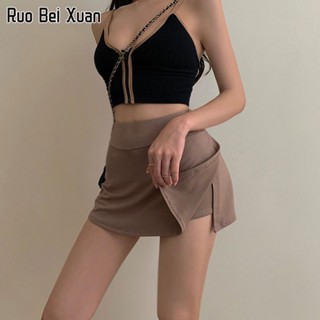 RUO BEI XUAN กระโปรงสตรีใหม่สไตล์เกาหลีเอวสูงทรงเอเซ็กซี่กระโปรงสไตล์สปอร์ต