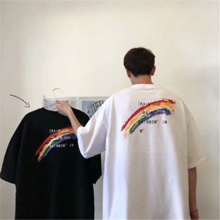 M-8XL Summer tide brand Hong Kong style rainbow print short-sleeved T-shirt men and women trend Japanese round neck_02