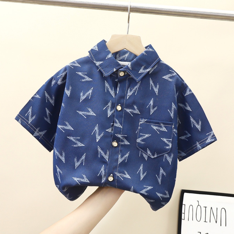 พร้อมส่ง เสื้อเชิ้ต คอปก แขนสั้น พิมพ์ลาย สไตล์เกาหลี เรียบง่าย แฟชั่นฤดูร้อน สําหรับเด็กผู้ชาย 100-150 ซม.