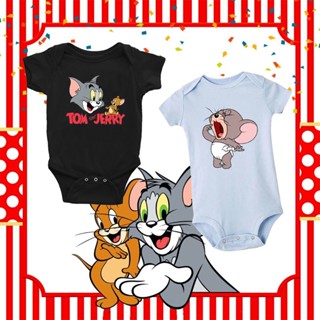 ชุดบอดี้สูท รอมเปอร์ แขนสั้น ลายการ์ตูน Tom and Jerry สีดํา สําหรับเด็กทารก PFWN