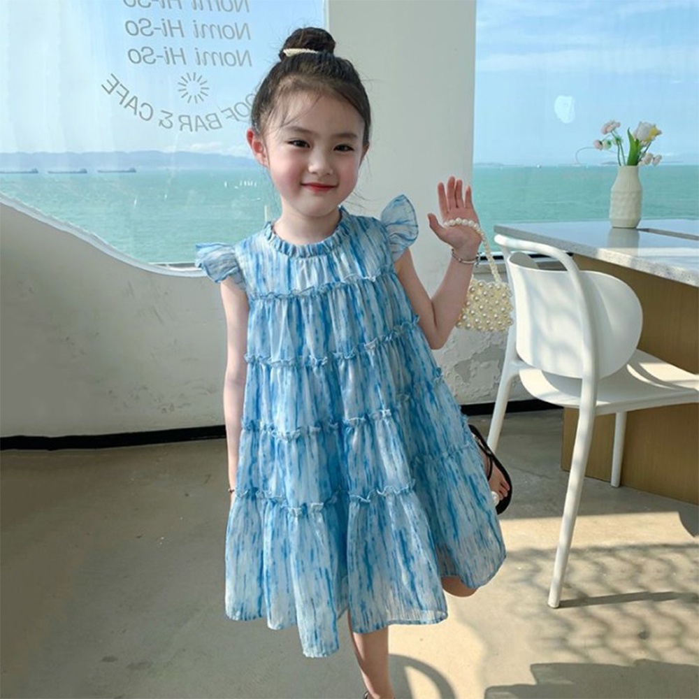 Bear Leader Girls Little Fly Sleeve Dress 2024 ฤดูร้อนใหม่เด็กผู้หญิง Baby Gradient Blue Princess Dresses 2-7 ปี