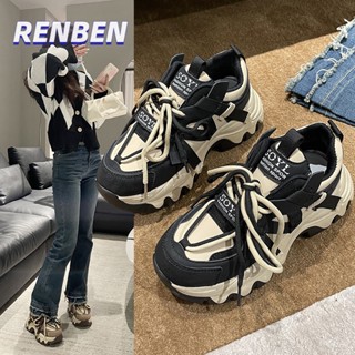 RENBEN ใหม่สุทธิสีแดงทอดถนนหนา soled รองเท้าเก่าผู้หญิงทั้งหมดตรงกับอินเทรนด์รองเท้ากีฬาลําลอง