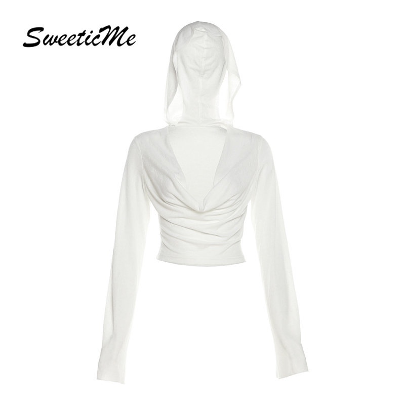 Sweeticme ใหม่ เสื้อยืดลําลอง แขนยาว มีฮู้ด เข้ารูป สีพื้น แฟชั่นสําหรับสตรี 2023