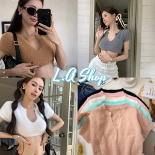 L.A Shop พร้อมส่ง เสื้อครอปคอวีไหมพรมขนมุ้งมิ้ง แขนสั้น สีพาสเทล "80083" -C