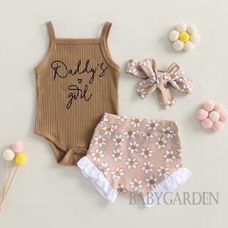 Babygarden-0-18 เดือน ชุดรอมเปอร์แขนกุด พิมพ์ลายตัวอักษร และกางเกงขาสั้น ลายดอกไม้ และที่คาดผม สําหรับเด็กผู้หญิง