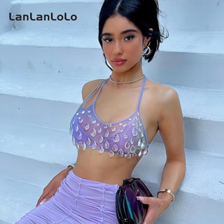 Lanlanlolo เสื้อกล้ามลําลอง ผ้าตาข่ายซีทรู ทรงหยดน้ํา สีพื้น เซ็กซี่ สําหรับสตรี 2023