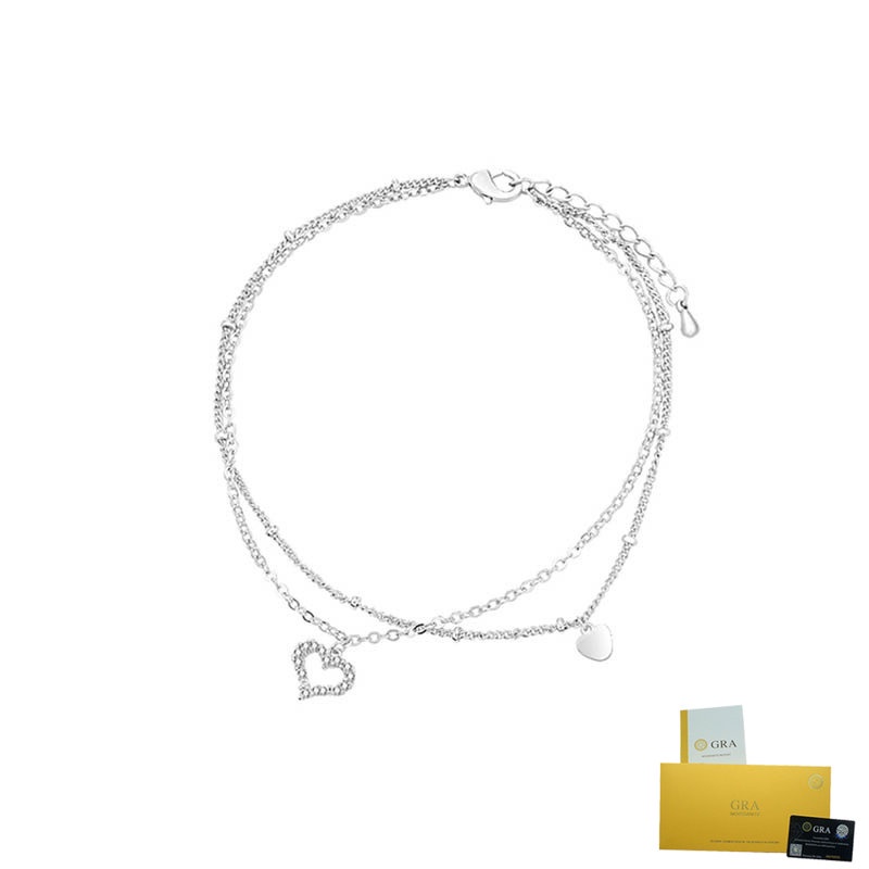 [พร้อมใบรับรอง Gra] S925 Silver Hollow Heart-Shaped Double-Circle Anklet Fashion Elegant White Diamo