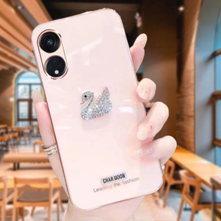 OPPO A58 A98 Reno 8T A78 5G Reno 7Z 8Z A16 A17K A15S A95 A74 เคสโทรศัพท์มือถือ ลายหงส์น้อย ประดับเพชรเทียม หรูหรา สําหรับ