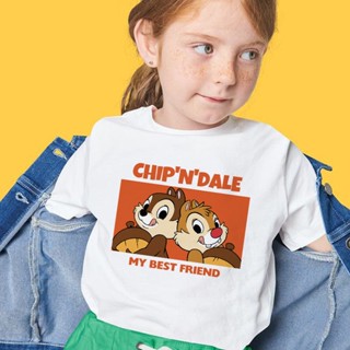 เสื้อยืดแขนสั้น พิมพ์ลายการ์ตูน Chip n Dale สวมใส่สบาย สีขาว สําหรับเด็กผู้หญิง และผู้ชาย