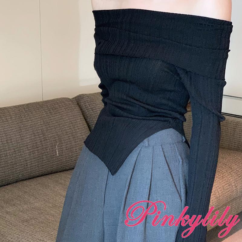 Pink- เสื้อแขนยาว เปิดไหล่ ผ้าถัก ลําลอง สีพื้น ผ่าข้าง สําหรับผู้หญิง ไปคลับ สตรีทแวร์ - รูปที่ 4