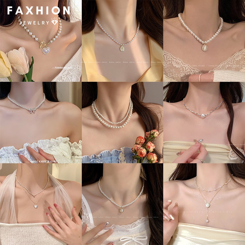 Faxhion สร้อยคอโชคเกอร์ โช้คเกอร์ ประดับลูกปัดไข่มุก คริสตัล เพทาย รูปดอกทิวลิป หัวใจ ผีเสื้อ สองชั้น หรูหรา เครื่องประดับ สําหรับผู้หญิง