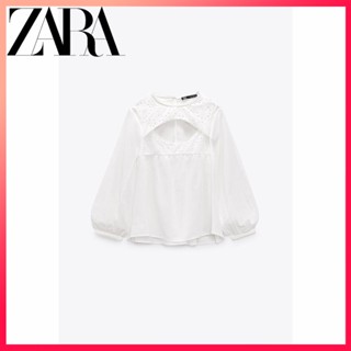 Zara ใหม่ เสื้อคอกลม แขนยาว สีขาว สําหรับผู้หญิง